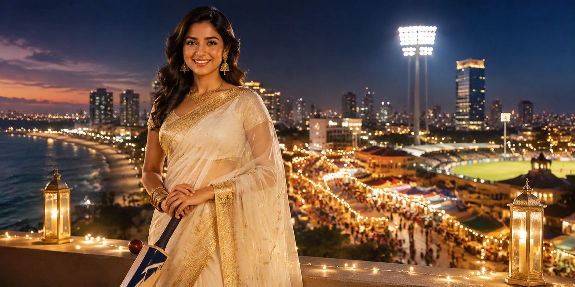 Bangalore MG Road night scene with cricket betting theme and traditional saree