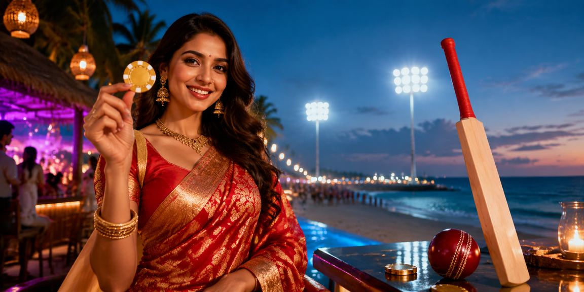 Indian woman playing cricket betting online in Goa wearing saree