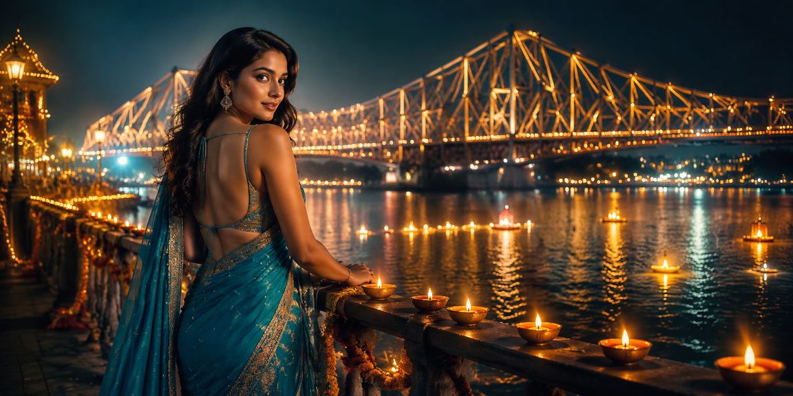 Kolkata Howrah Bridge night scene with sports betting theme and traditional saree